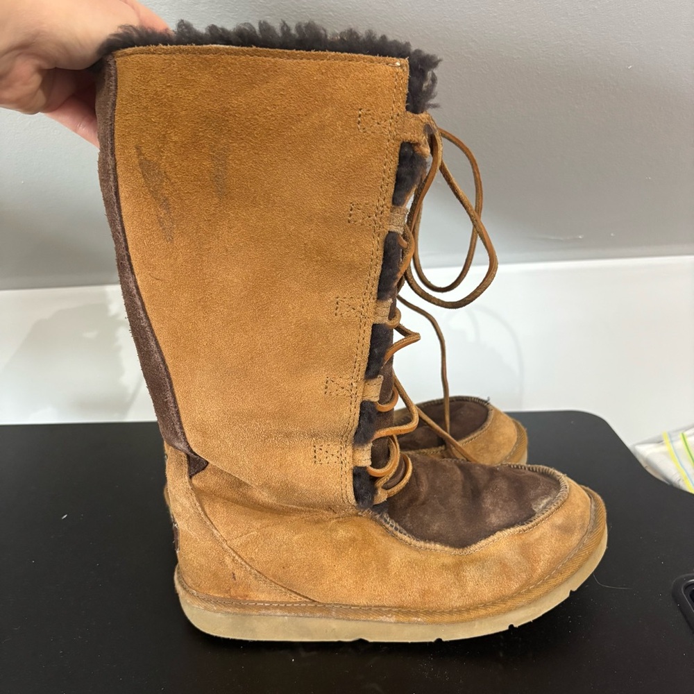 UGG Brown Suede Whitley Lace Up Tall Shearling Lined Boots, size 7